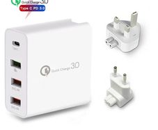 QC 3.0 & PD USB 4 Ports Wall Fast Charger 48W [3 Power Plugs (US/EU/UK)] (Brand New/Warranty)