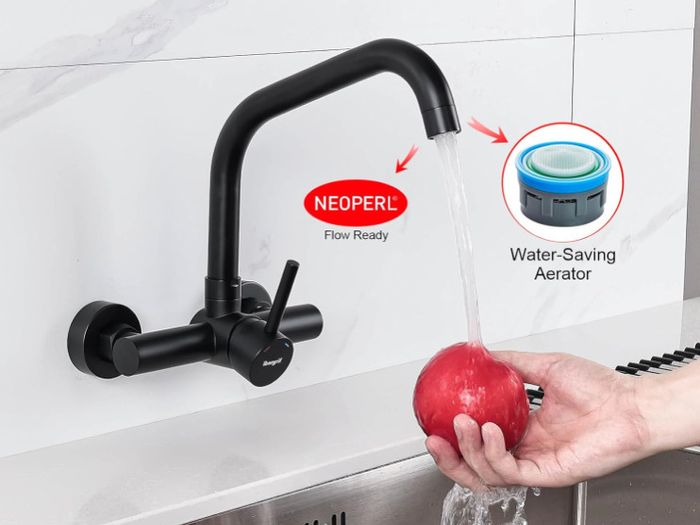 Ibergrif Kitchen Tap Wall Mounted 360 Rotation - Mixer Tap with Adjustable Mounting Hole Tap Kitchen Wall Tap Sink Black