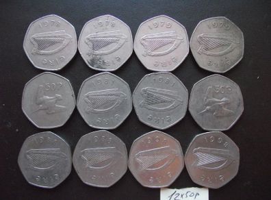12 Irish coins@50 Pence (1978-1998)