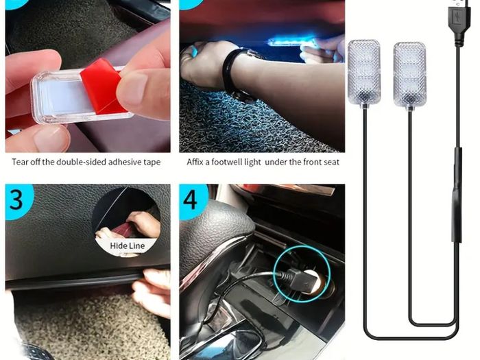 4pcs RGB LED Atmosphere Lamp Set for Car - High Brightness, Long Lifespan, USB-Powered