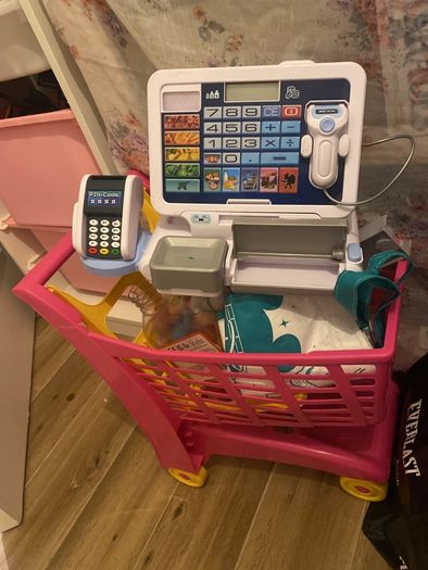 Toy trolley, food, till