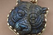 Labradorite Tiger Face Carved Stone Vintage Brass Pendant