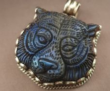 Labradorite Tiger Face Carved Stone Vintage Brass Pendant