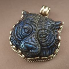 Labradorite Tiger Face Carved Stone Vintage Brass Pendant
