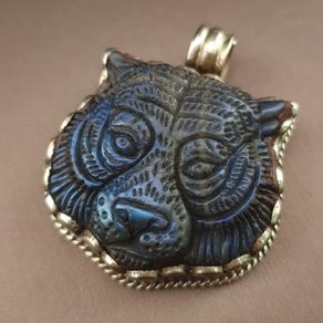Labradorite Tiger Face Carved Stone Vintage Brass Pendant