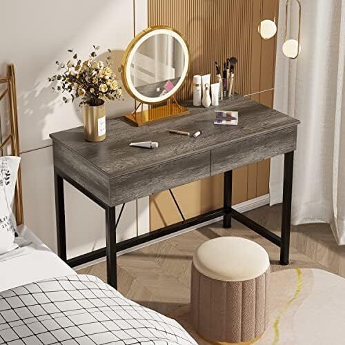 Computer Desk with Drawers Made of Wood and Metal Grey Oak