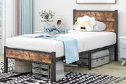 Single Bed Frame with Wooden Headboard and Footboard