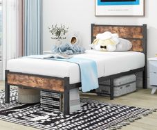 Single Bed Frame with Wooden Headboard and Footboard