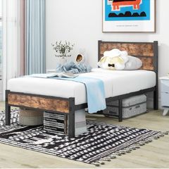 Single Bed Frame with Wooden Headboard and Footboard
