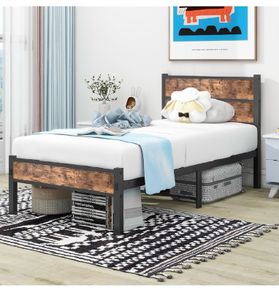 Single Bed Frame with Wooden Headboard and Footboard