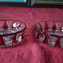 2 Piece Bohemian Ruby Red Two Tone Cut Crystal Glass Dish