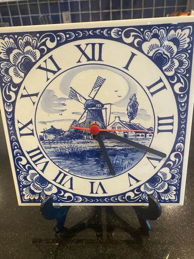 Blue tile clock with windmill