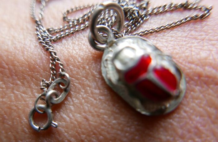Vintage Sterling silver 925 scarab beetle necklace, Scarab beetle pendant with red enamel, Enamel necklace, Scarab jewelry 3,4g length - 16"