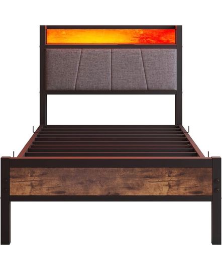 3ft Single Bed Frame with Storage Headboard,LED Lights,Metal Upholstered Platform Bed Frame with Charging Station,Mattress Foundation/Strong Slats Support/Under-bed Storage/Easy Assembly/Brown