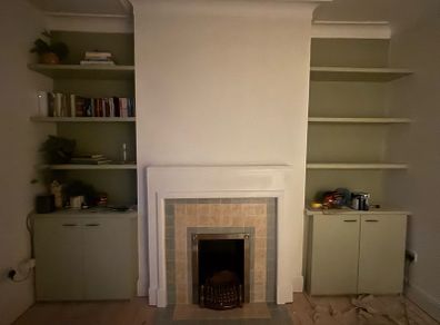Shelves and cabinet