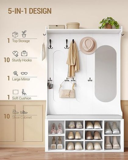 5-in-1 Coat Rack with Bench, Shoe Storage & Mirror  White