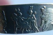 Vintage Egyptian Silver Plated Cuff Charm Bracelet Decorated Pharaohs Hieroglyphi