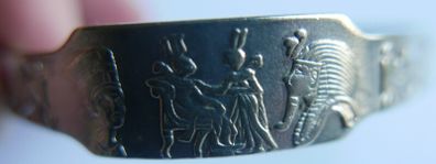 Vintage Egyptian Silver Plated Cuff Charm Bracelet Decorated Pharaohs Hieroglyphi