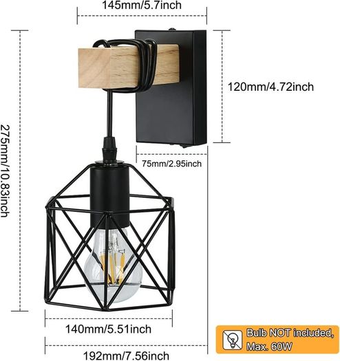 Industrial Wall Lights Indoor with Switch, Vintage Wooden Wall Lamp, E27 Black Cage Wall Lights, Wall Sconces Indoor for Farmhouse, Living Room, Bedroom, Hallway, Stairwell, Bar (2 Pack)