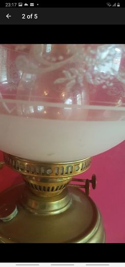 Victorian Brass Oil Lamp, Etched Globe Shade, 2 Ft Tall