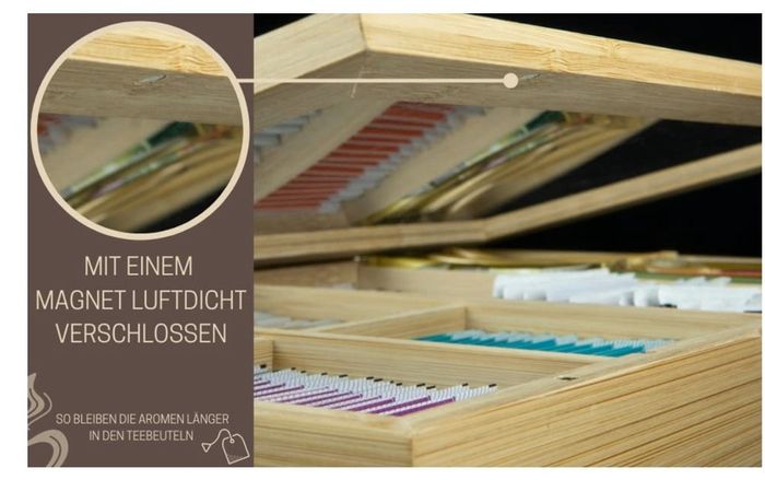 Brand New Premium tea box including sugar shaker 100 bamboo wood, with 8 dividers -