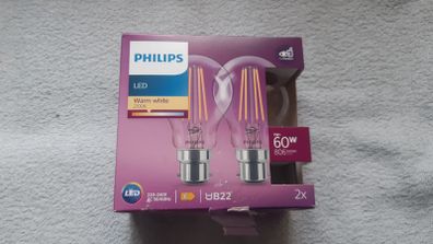 Philips LED Filament Bulb 60W A60 B22 7W 806 Lumen 2PK Warm White 2700K