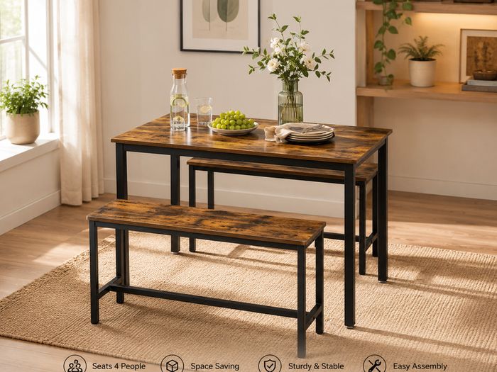 Industrial Dining Table Set with 2 Benches Kitchen Dining Set Rustic Breakfast Table for 4