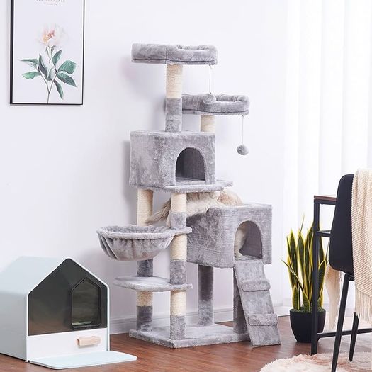 Cat Tree, 147 cm cat tower, Multi-Leve cat condo, Gray