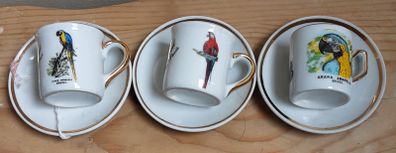 3 x bird's coffee cups and saucers