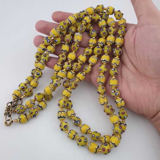 Antique Venetian Style Yellow Skunk & Trade Glass Beads Necklace