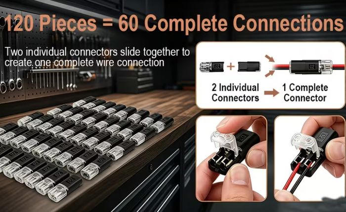 120pcs Double Wire Plug-In Connectors, 2-Pin Low Voltage Quick Connectors with Locking Buckle, No-Stripping Connectors for 18-22 AWG LED Strip, Speaker Wire, Wiring