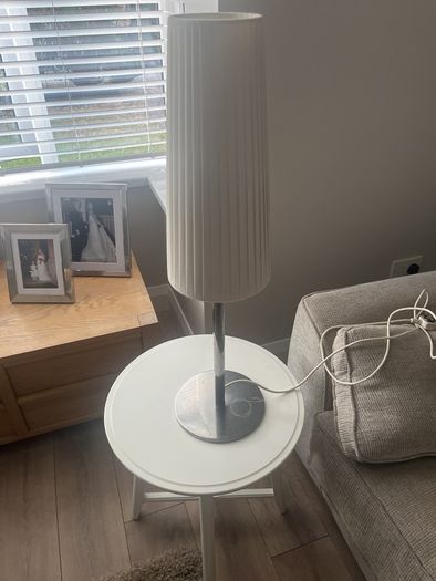 IKEA 365+ LUNTA table lamp, model B0725, tall pleated fabric shade.  It is a discontinued/vintage design, and there is s. One Irish lifestyle source recorded the LUNTA table lamp