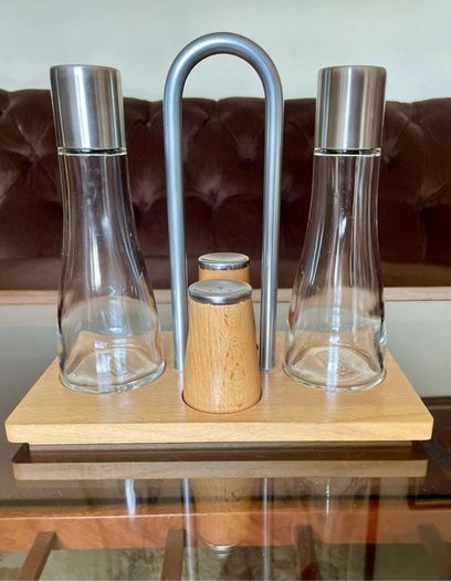 Vintage Bodum Oil Vinegar Salt Pepper Cruet Set by Georg Fontana Danish Beechwood with Aluminum 1990s