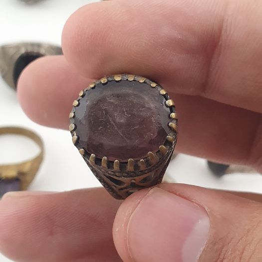 Antique Ring Lot of 15 Rustic Brass & Glass Jewellery