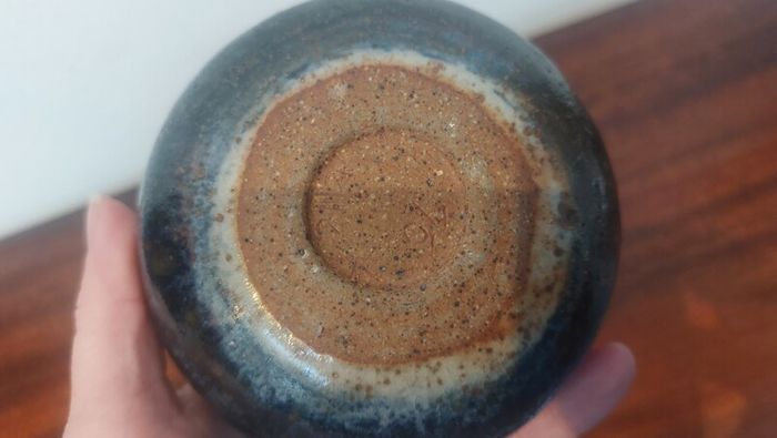 Fabulous Vintage Small Hand-Thrown Art Pottery Pebble Shaped Vase with Lovely Abstract Glaze Pattern in Blacks, Whites, Pinky-Red with Gold Flakes, Hand Made, But Unknown Maker, Circa 1975