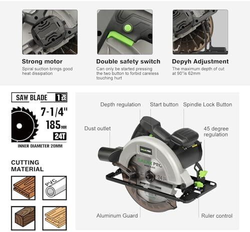 1400W Circular Saws, Max 6000 RPM Pure Copper Motor Electric Saws, Adjustable Cutting Depth and Angle: 62mm(90 )-48mm(45 ), Dust Collection System and 185mm Saw Blade