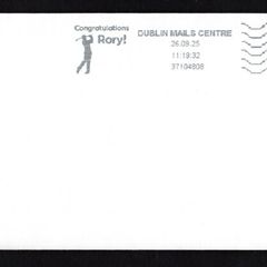 2025 Ireland Congratulations Rory Dublin Mail Centre to mark Rory McIlroy winning Irish Golf Open at the K Club on plain envelope