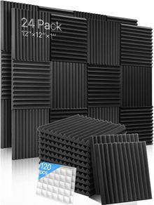 FREE EXPRESS SHIPPING 24 Pack Sound Proofing Panels with Stickers Sound Absorbing Panels High Density Acoustic Foam Panels Wedges Tiles For Recording Studios/Offices