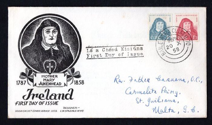 1958 Ireland Centenary of the Death of Mother Mary Aikenhead (Foundress of the Irish Sister of Charity) Commemorative Stamps Illustrated Staehle First Day Cover (FDC) with Baile Atha Cliath (Dublin) cancel with interesting Valetta, Malta of 26/10/58 on th