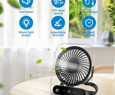 New. Rechargeable Desk Fan 199 Speed LED Light Adjustable Angle Quiet Brushless Motor (Free Delivery)