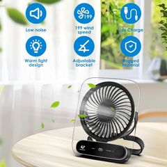 New. Rechargeable Desk Fan 199 Speed LED Light Adjustable Angle Quiet Brushless Motor (Free Delivery)