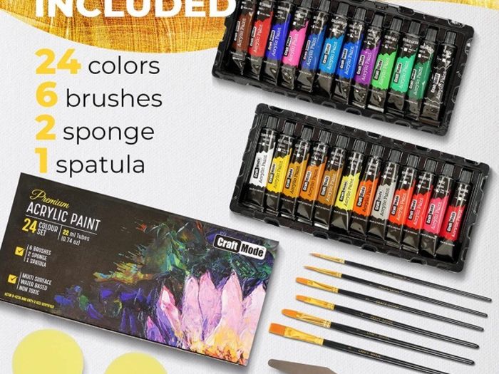 Acrylic paint Set 24 X 22ml Perfect for Canvas, Wood, Ceramic, Rock, Fabric & Crafts. Non-Toxic, Quick Dry & Vibrant Colours. Rich Pigments, Lasting Quality