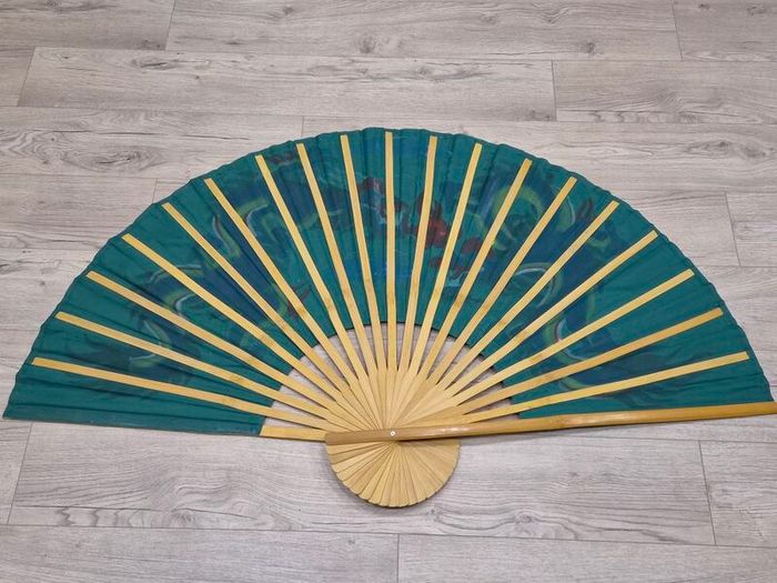 Large Hand Painted Chinese Dragon Wall Fan 89cm Folding 165cm Open Bamboo Vintage