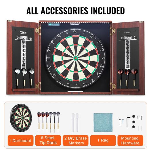 Dartboard and Cabinet Set, Ready-to-Play Bundle Official Size Dartboard Cabinet, Steel Tip Dart Hideaway Cabinet, Features LED Light