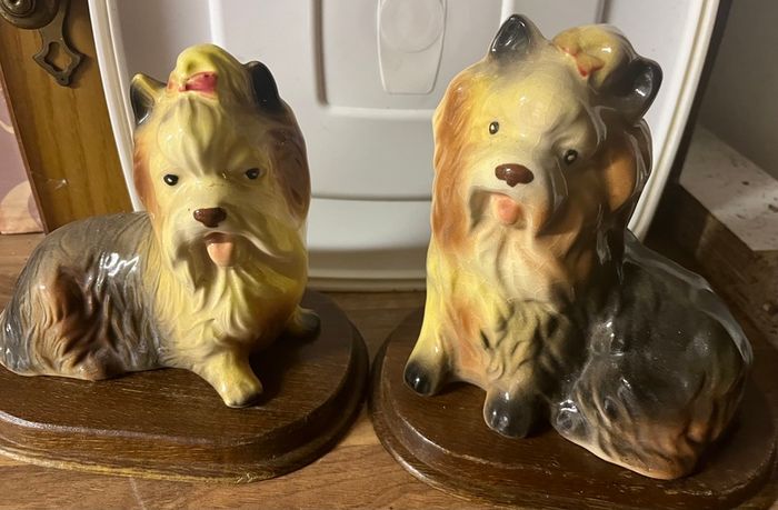 2 Ceramic Yorkies  Dogs On Wooden Bases