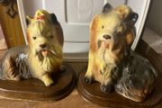 2 Ceramic Yorkies Dogs On Wooden Bases