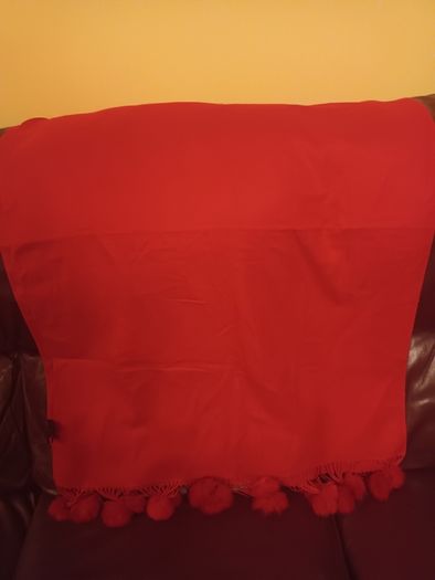 Red Cashmere Mix Pashmina/Shawl with Rabbit Fur Pom Poms BNWOT