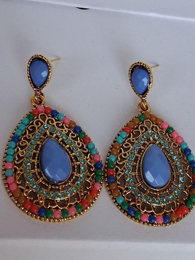 Gold Multi Coloured Crystal & Gem Boho Waterdrop Earrings