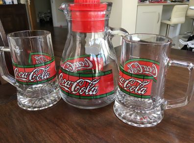Coca Cola Glass Jug And Two Large And Rare Glasses