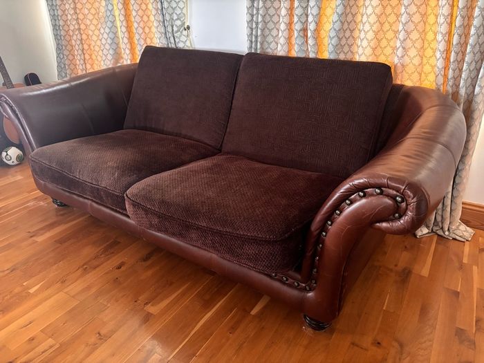 Brown Leather & Fabric 4-Seater Sofa